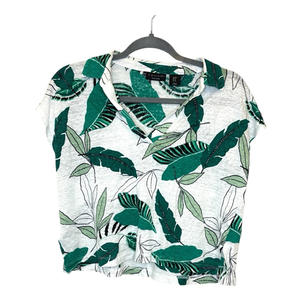Tahari Green White Linen Tropical Leaf Print T Shirt Resort Vacation Top Medium